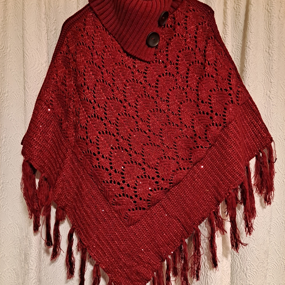Elegant Red Knit Poncho Sweater